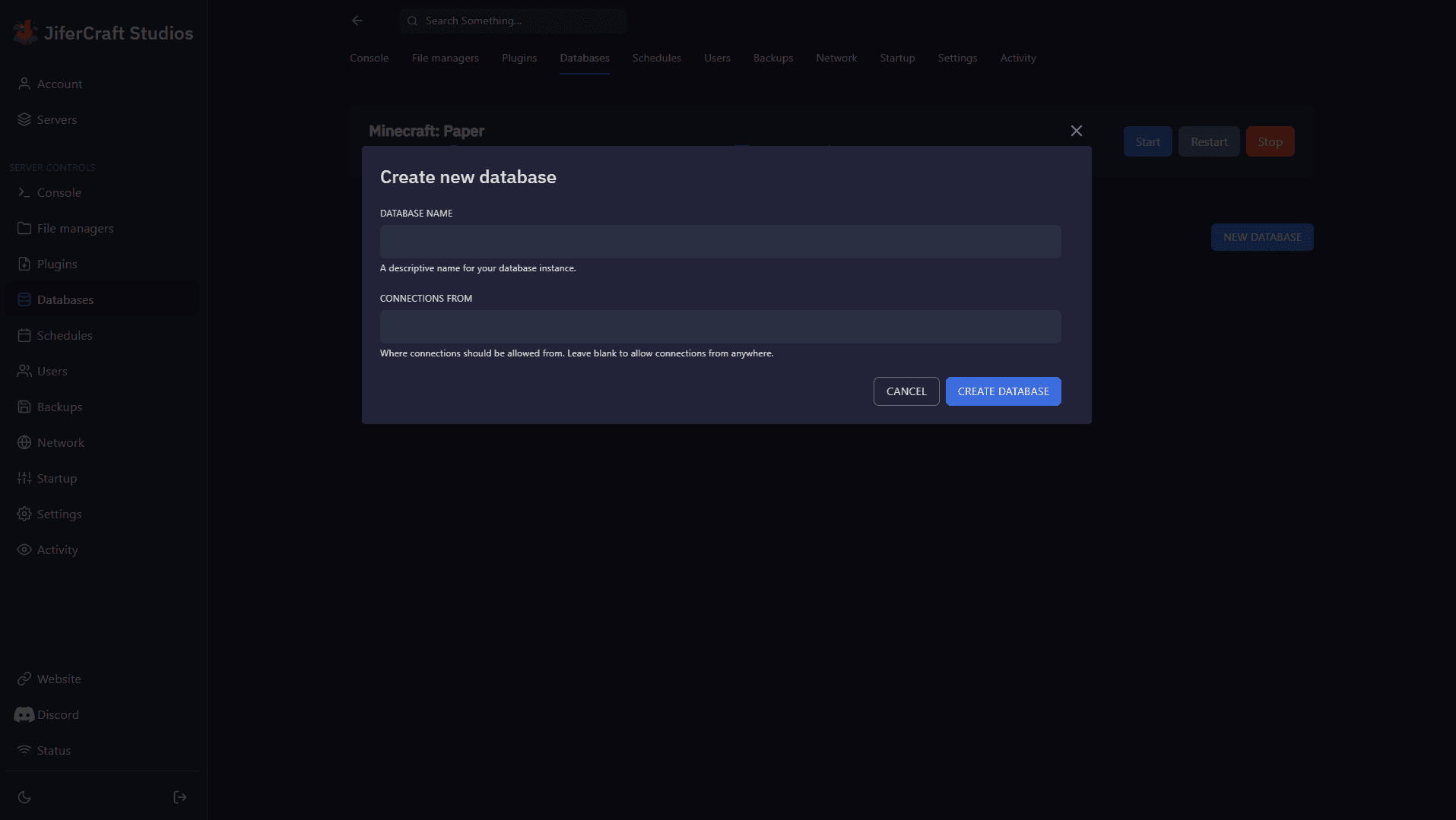 Panel de control Pterodactyl - Bases de Datos (modo oscuro)