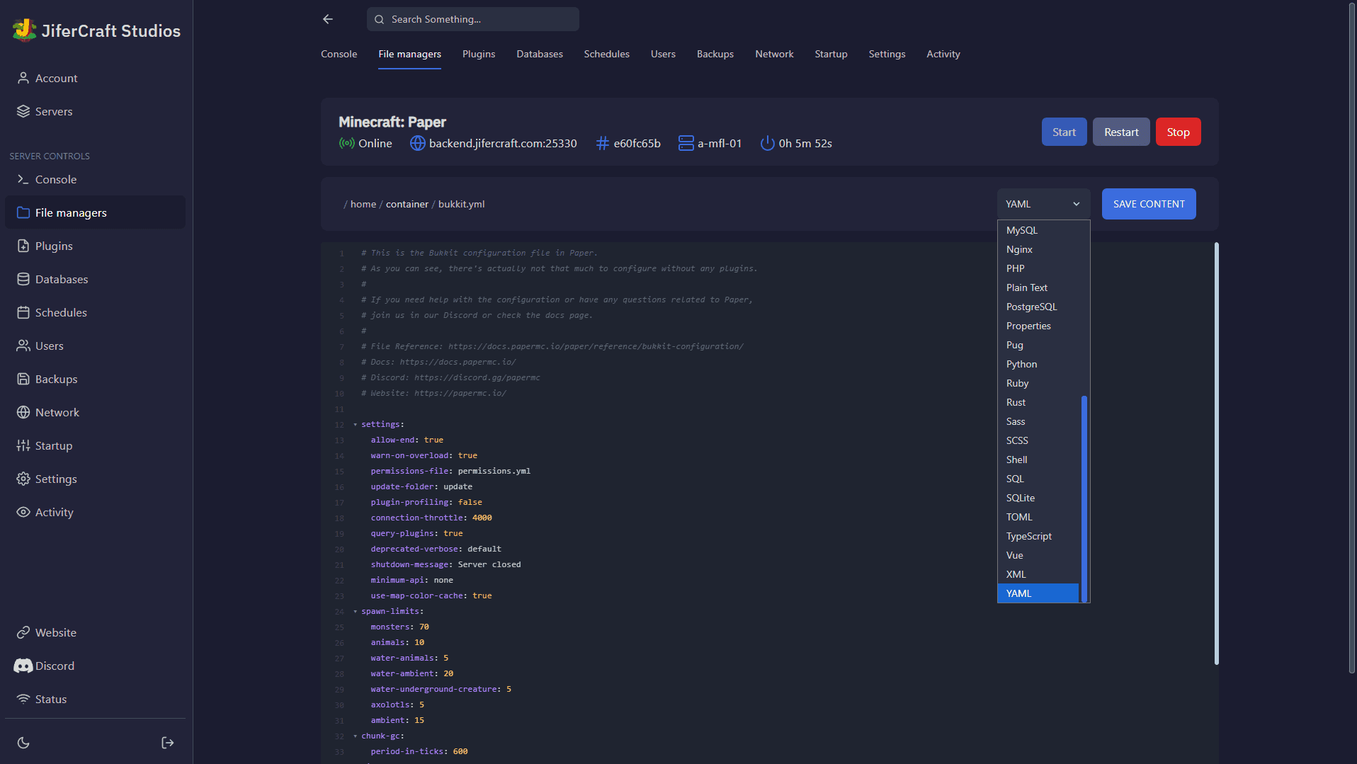 Panel de control Pterodactyl - Consola (modo oscuro)