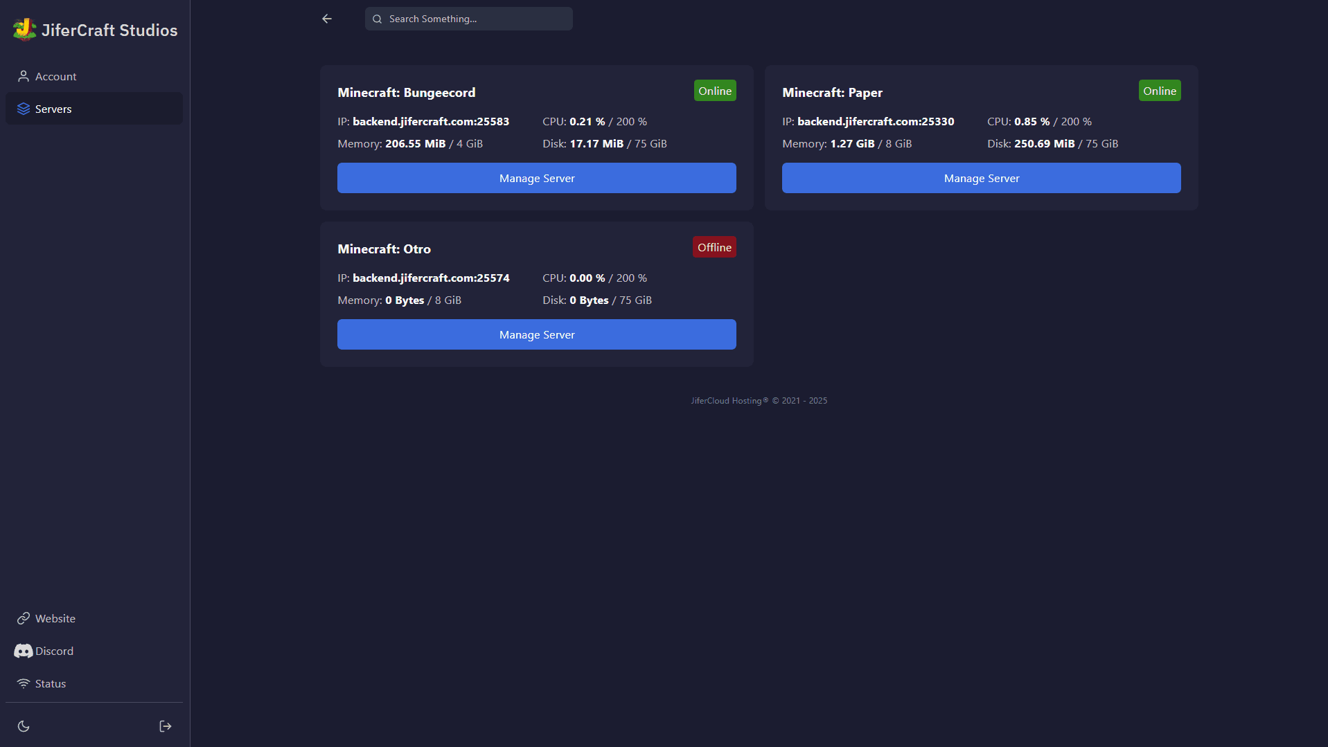 Panel de control Pterodactyl - Vista principal (modo oscuro)