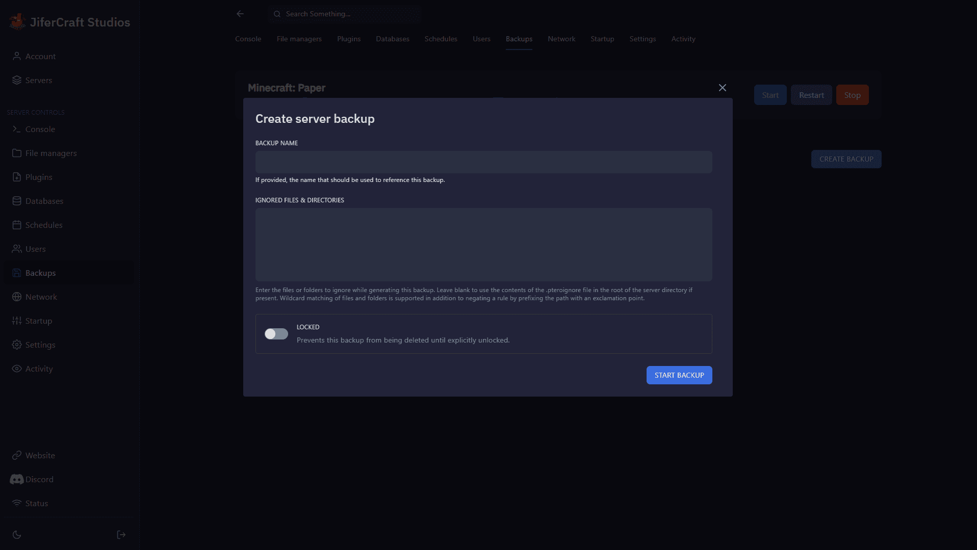 Panel de control Pterodactyl - Copias de seguridad (modo oscuro)